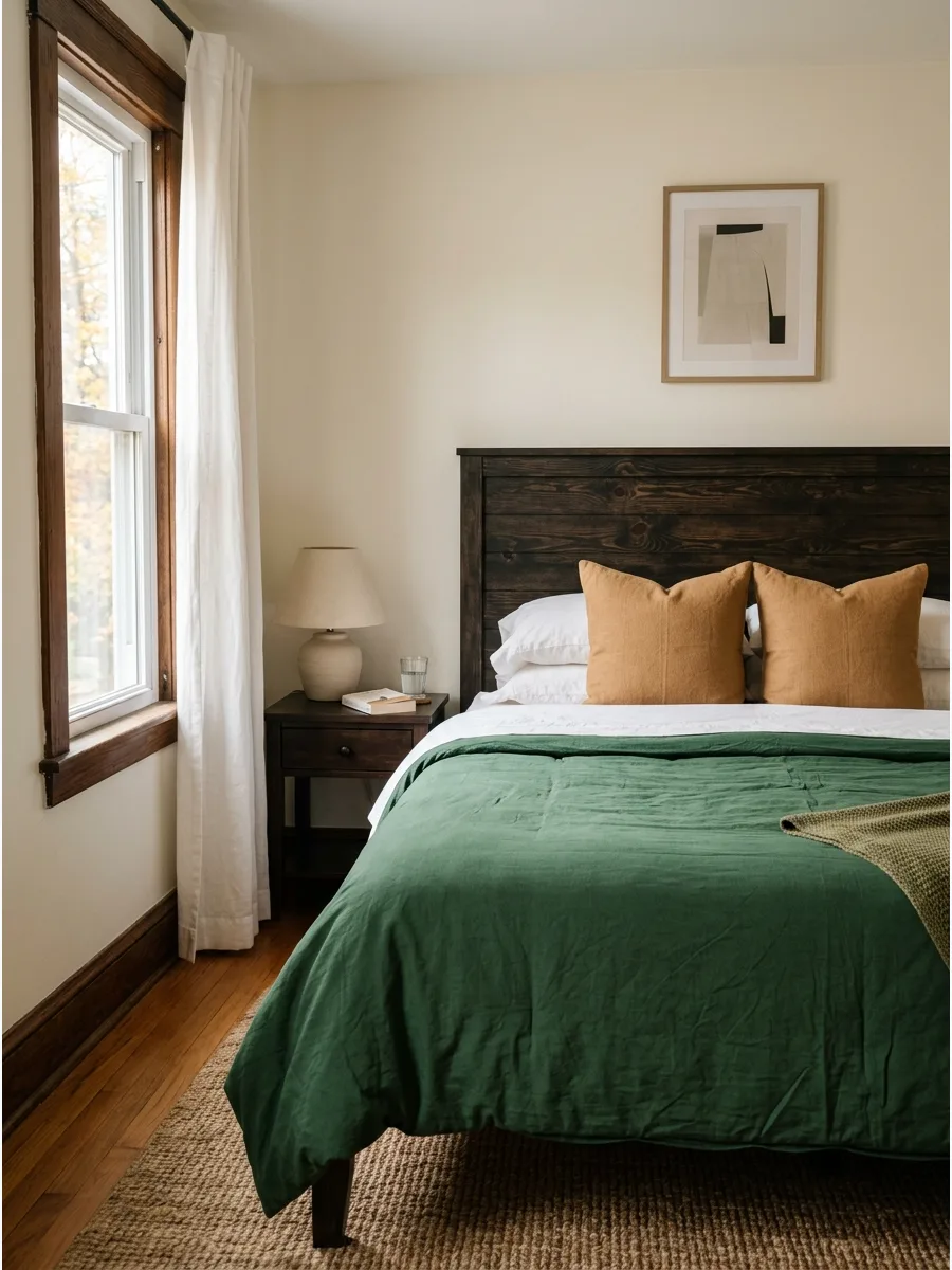 21. Forest Green and Camel Bedding