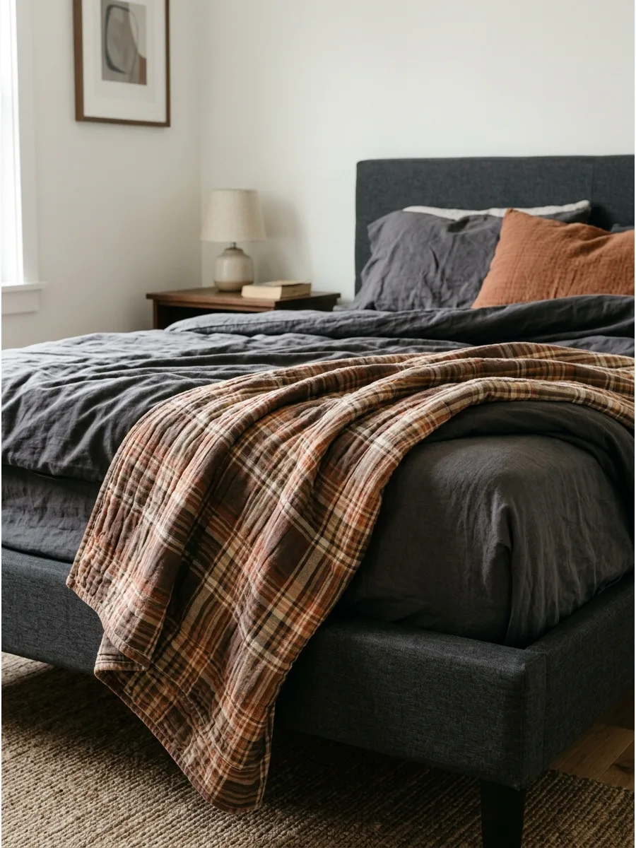 28. Plaid Quilt Over Solid Duvet