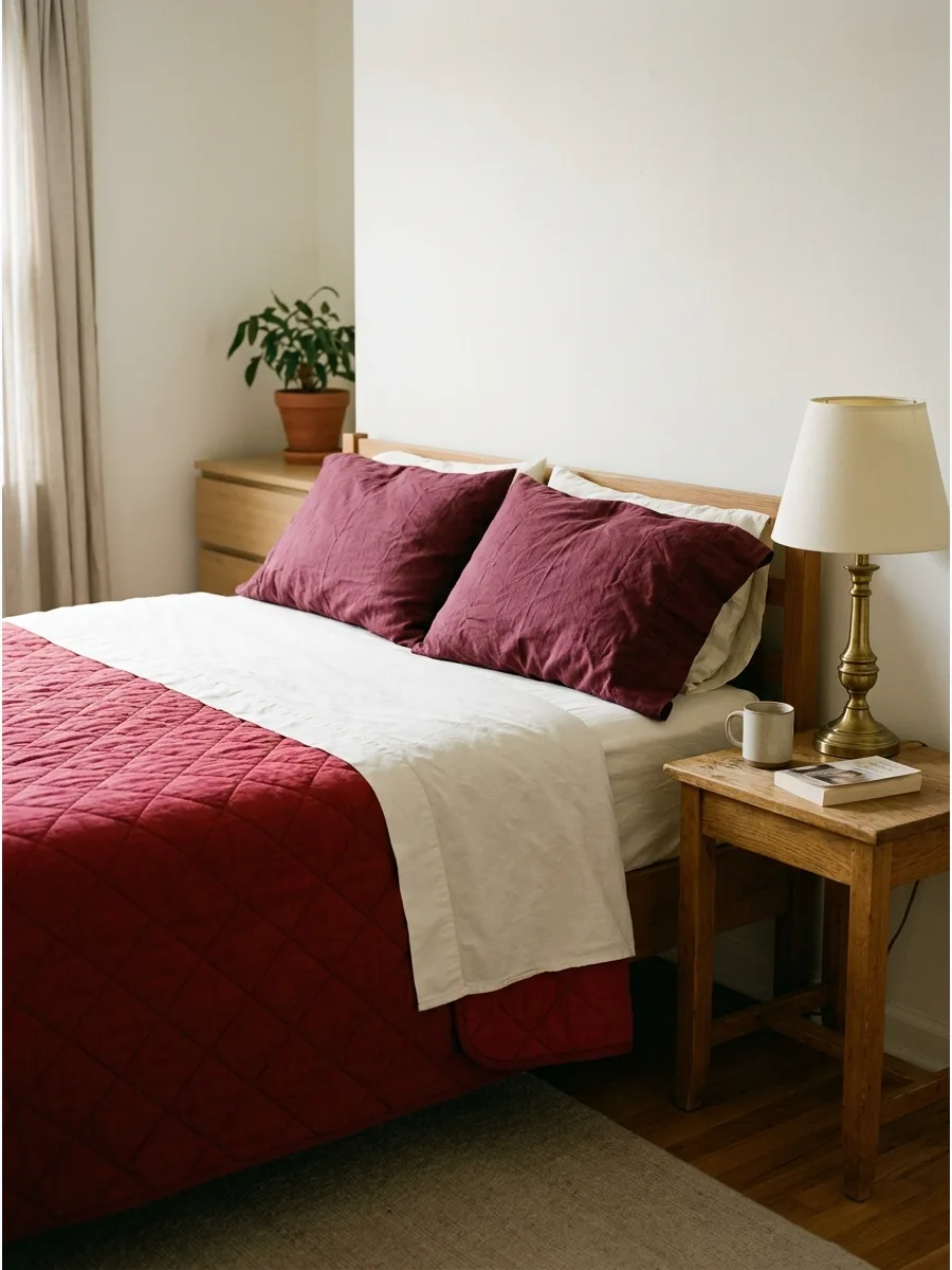 3. Burgundy and Warm White Bedding