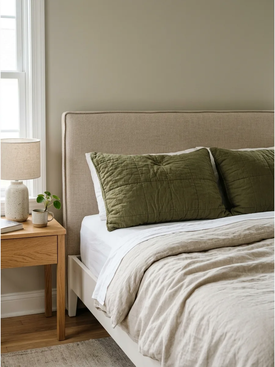 32. Olive Quilt and Oatmeal Bedding