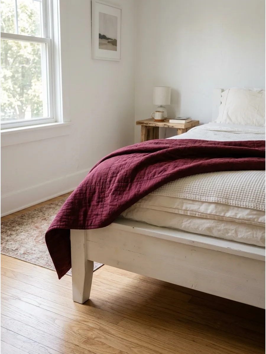 33. Burgundy and Warm White Bedding