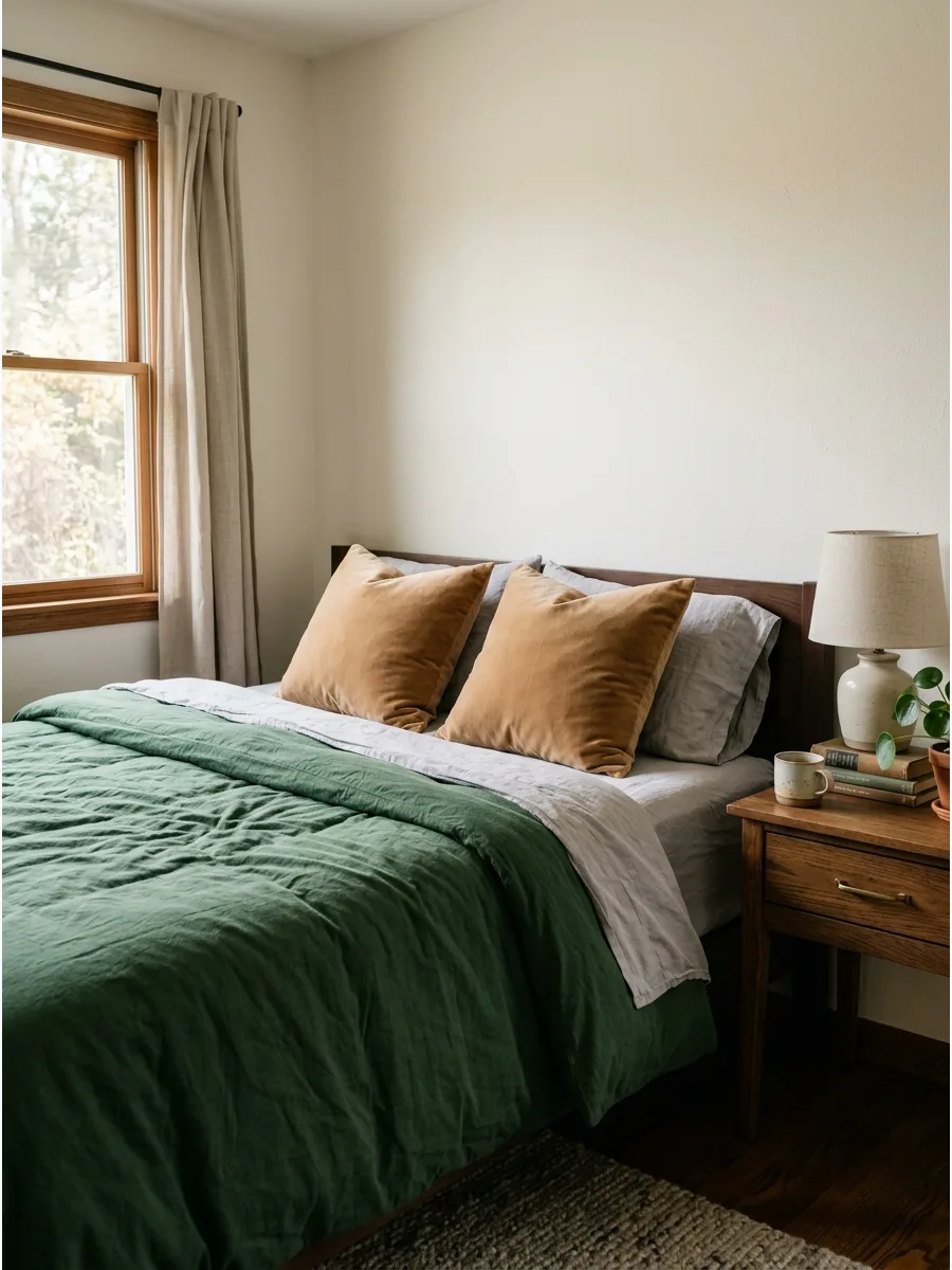6. Forest Green and Camel Bedding