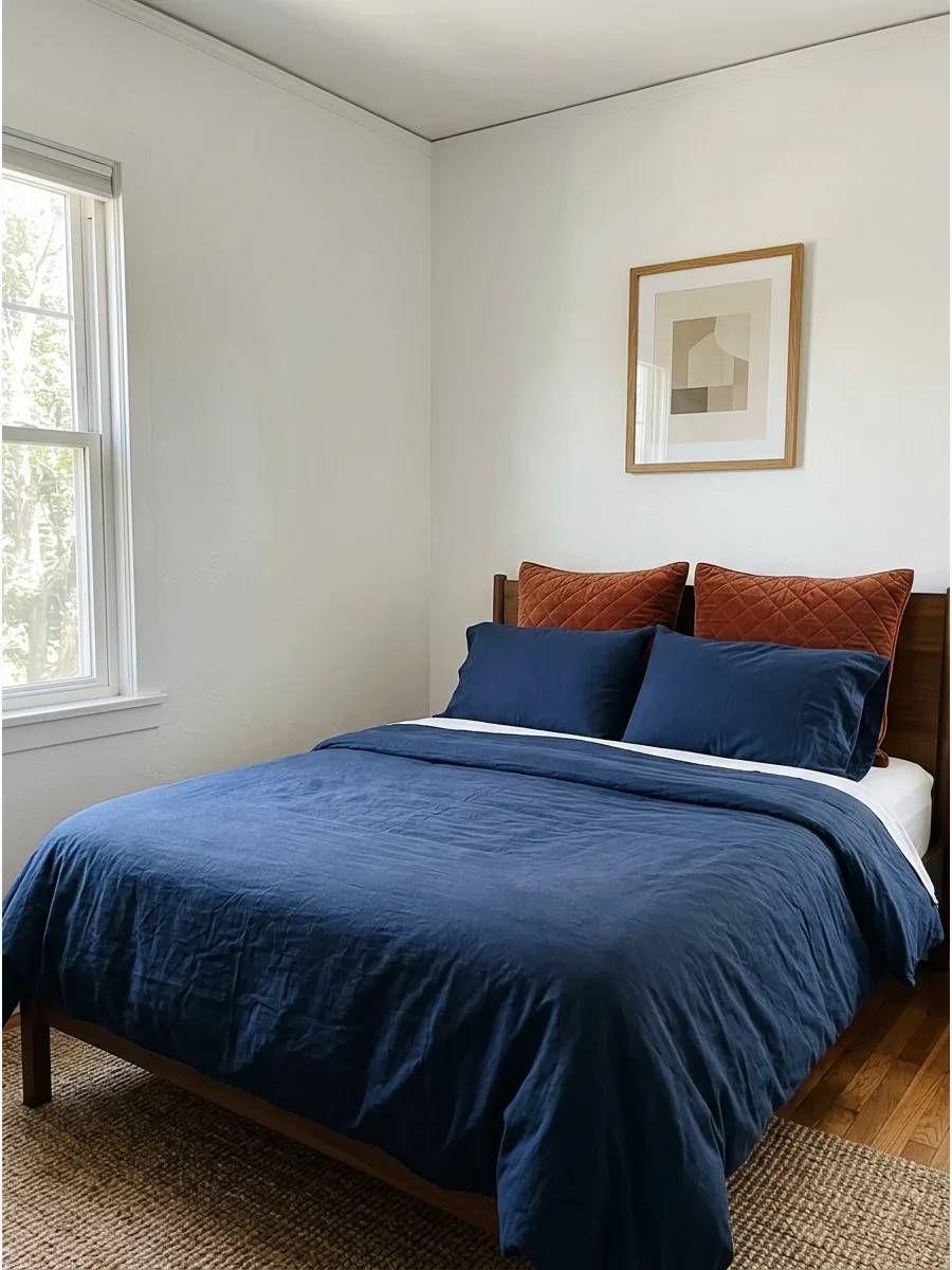 9. Navy and Rust Bedding