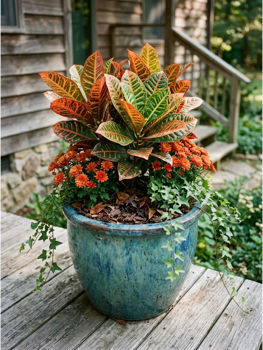 16. Croton and Mum Planter
