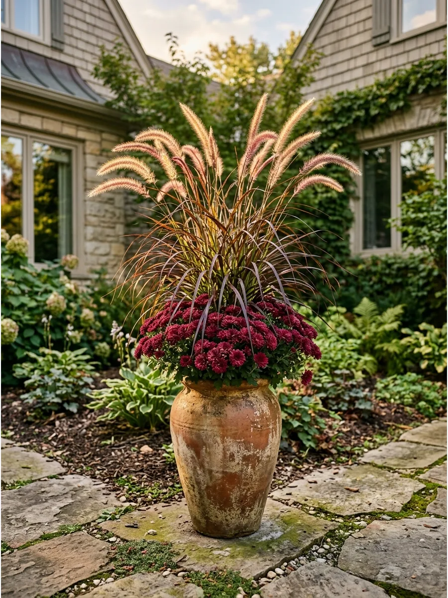 2. Purple Grass and Burgundy Mums