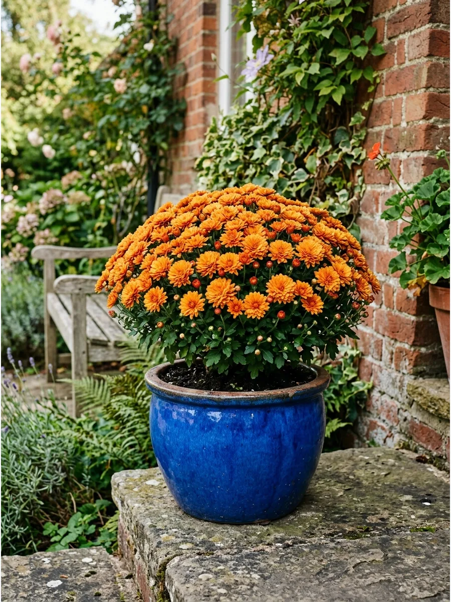 25. Blue Pot Orange Mums