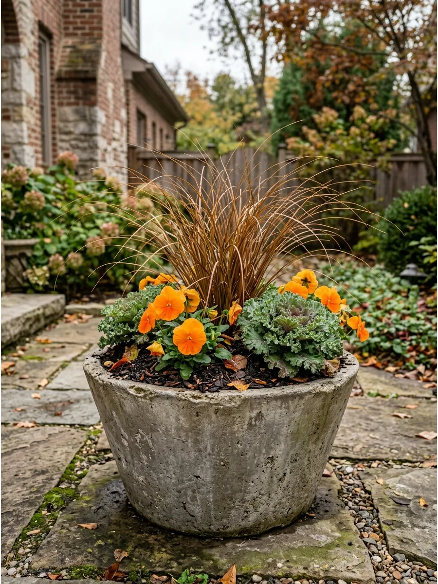 30. Bronze Grass and Pansies