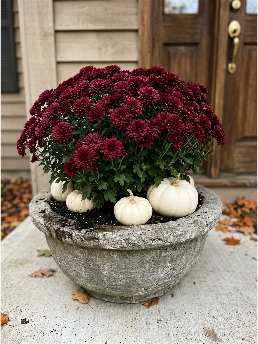 31. Maroon Mum White Pumpkin Mix