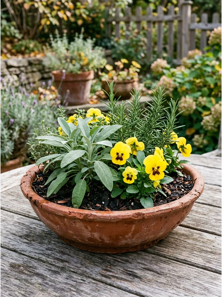 33. Practical Fall Herb Arrangement