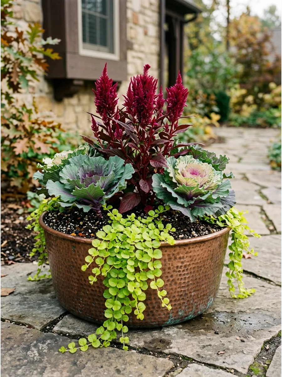9. Burgundy Celosia Fall Planter