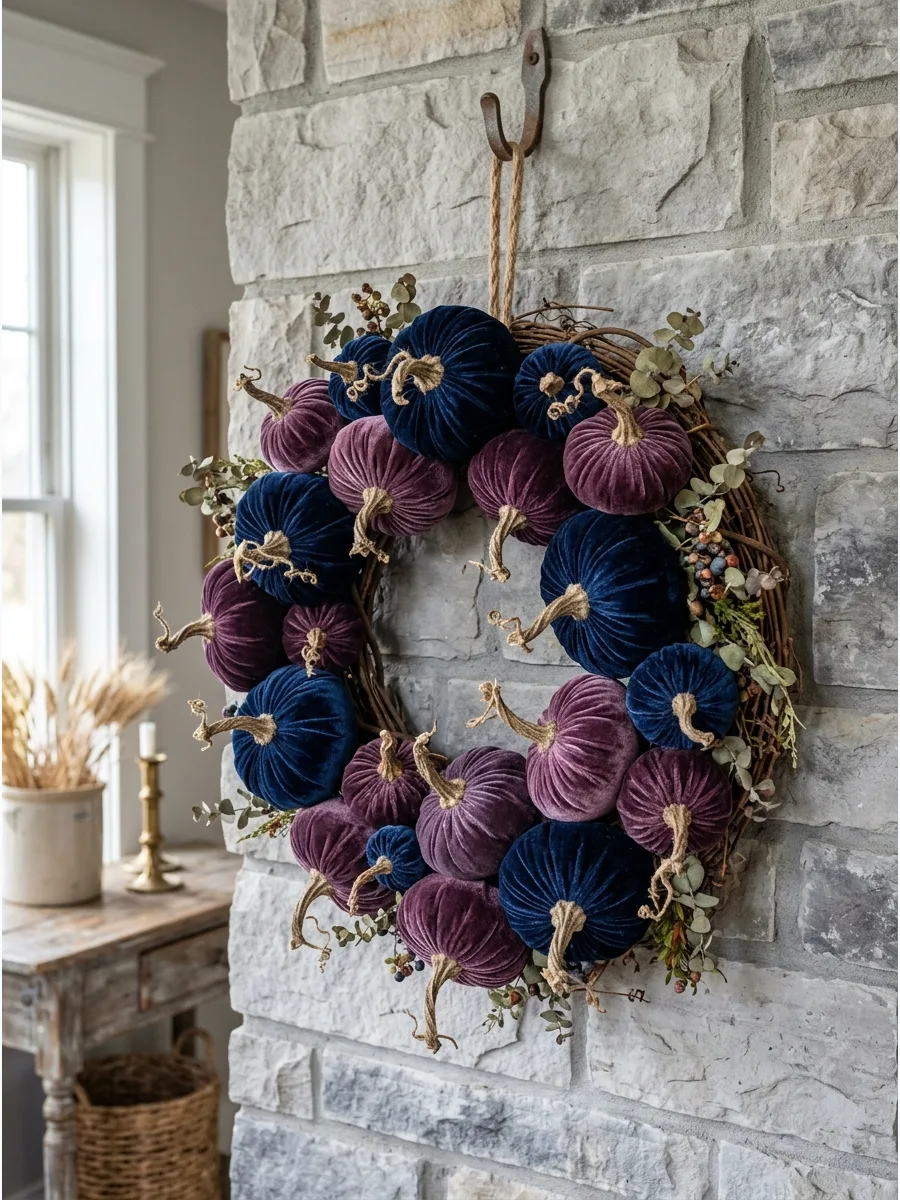 19. Velvet Pumpkin Cluster Wreath