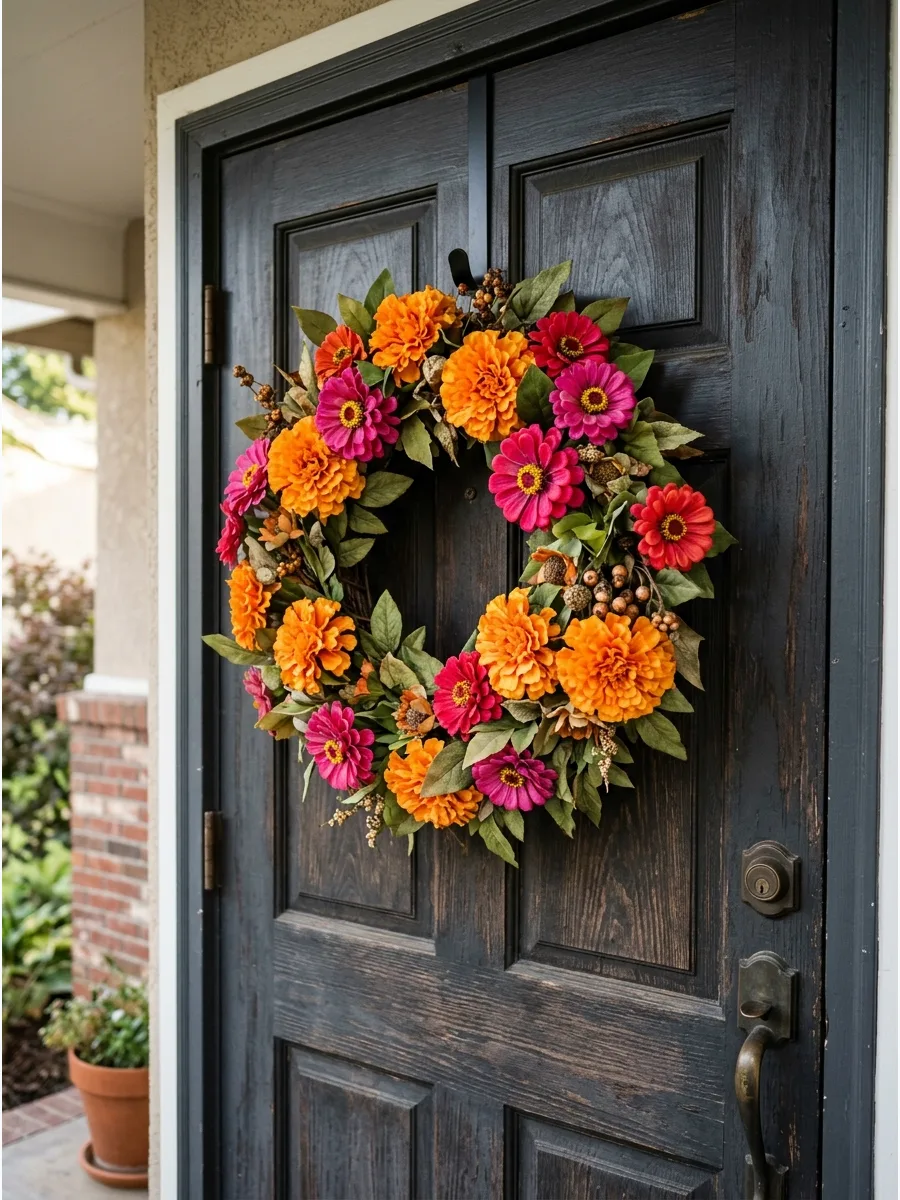 26. Silk Marigold Zinnia Wreath