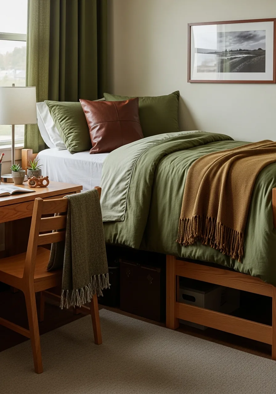27. Green and Brown Dorm Room