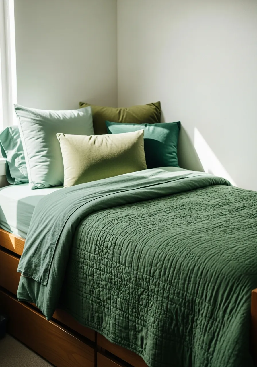 7. Green Bedding Dorm Look