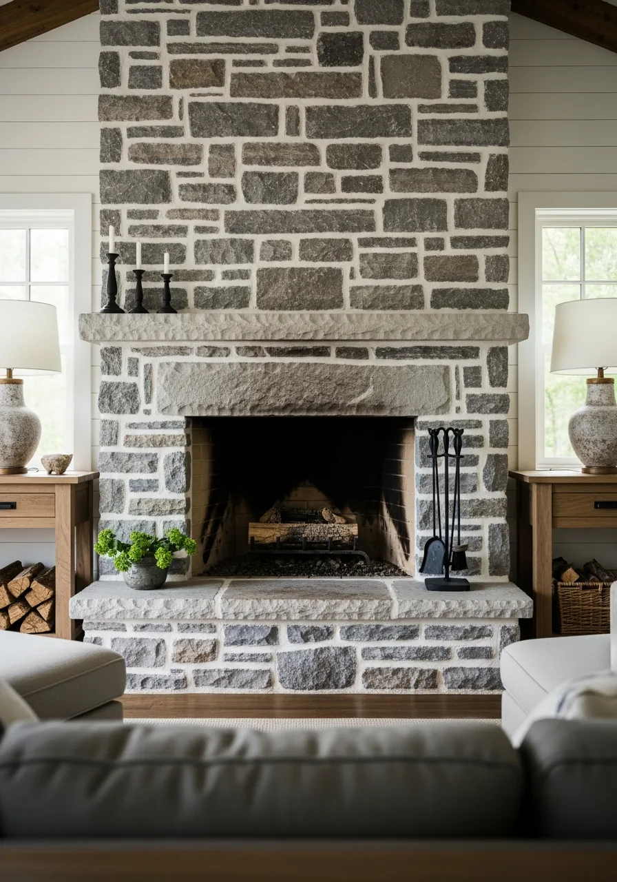 9. Lime Washed Stone Fireplace