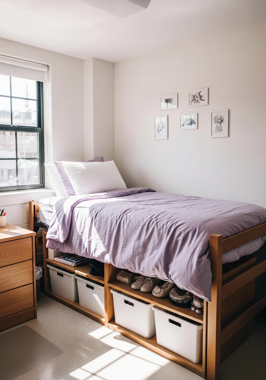1. Lavender and White Dorm Room