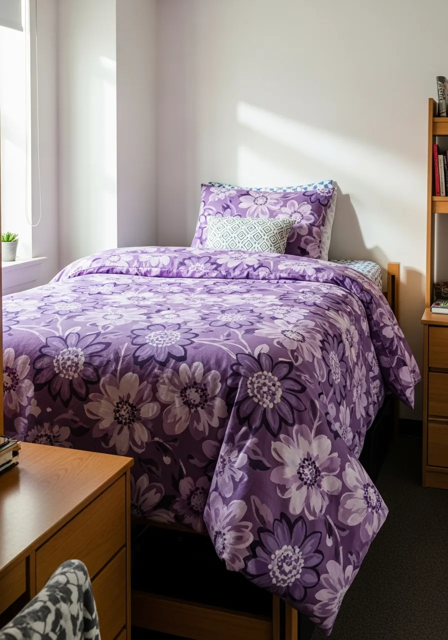 20. Purple Floral Dorm Room