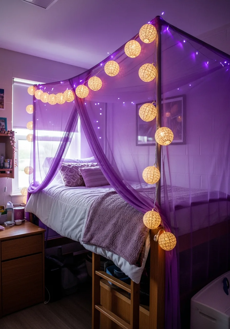26. Purple Dorm With Fairy Lights