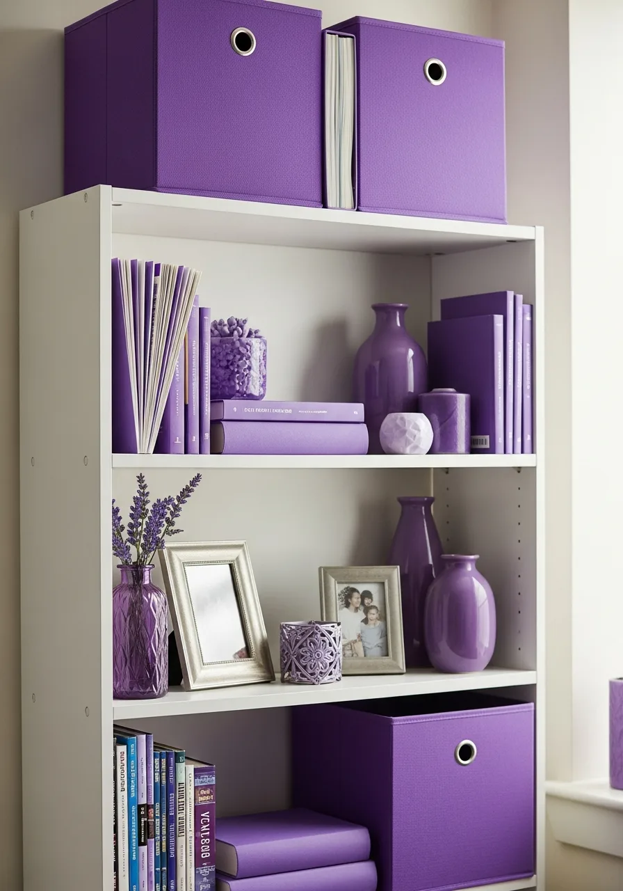 28. Purple Dorm Shelf Styling