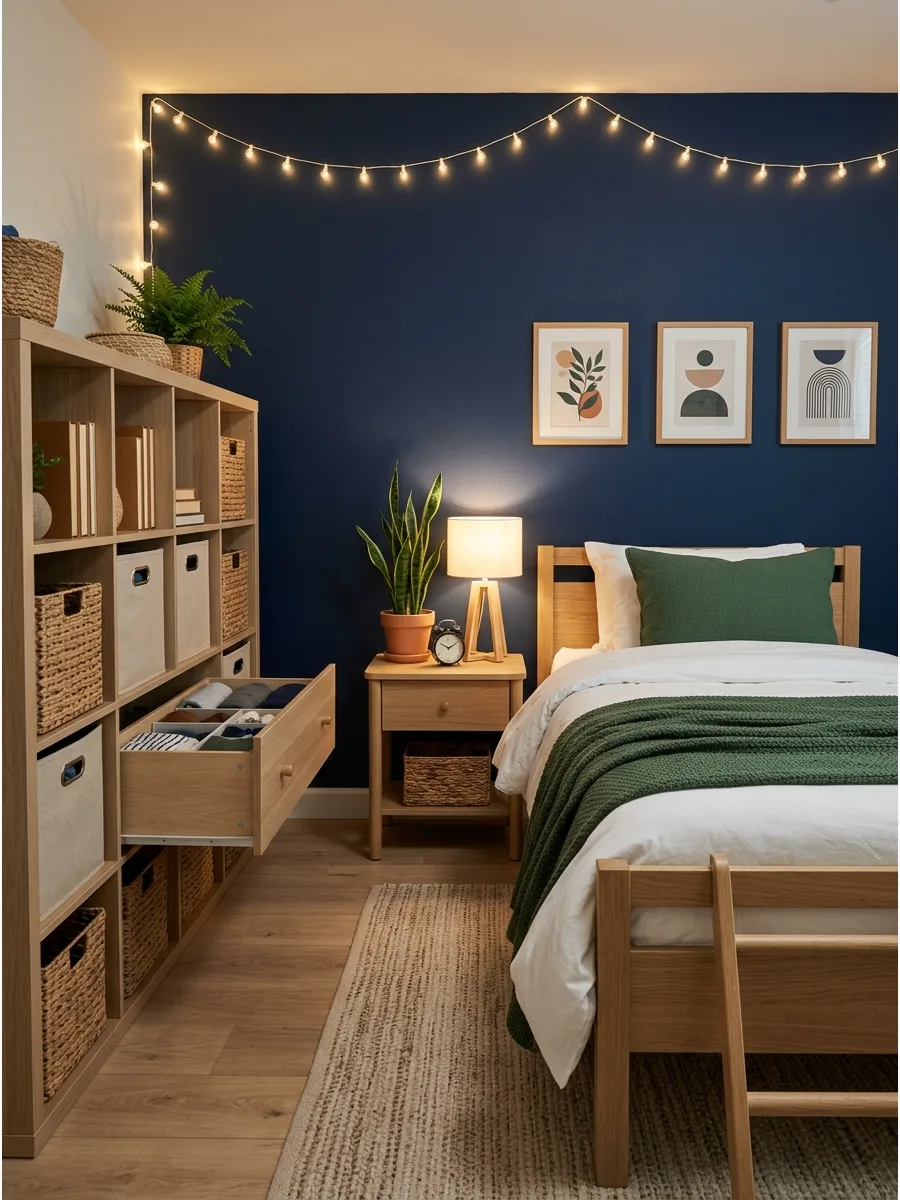 1. Navy Blue and Natural Wood