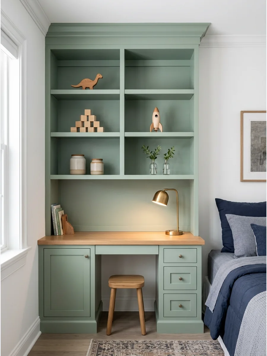 14. **Muted Green Built-Ins**