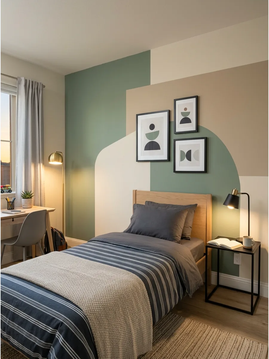 15. **Green and Beige Color Block Wall**