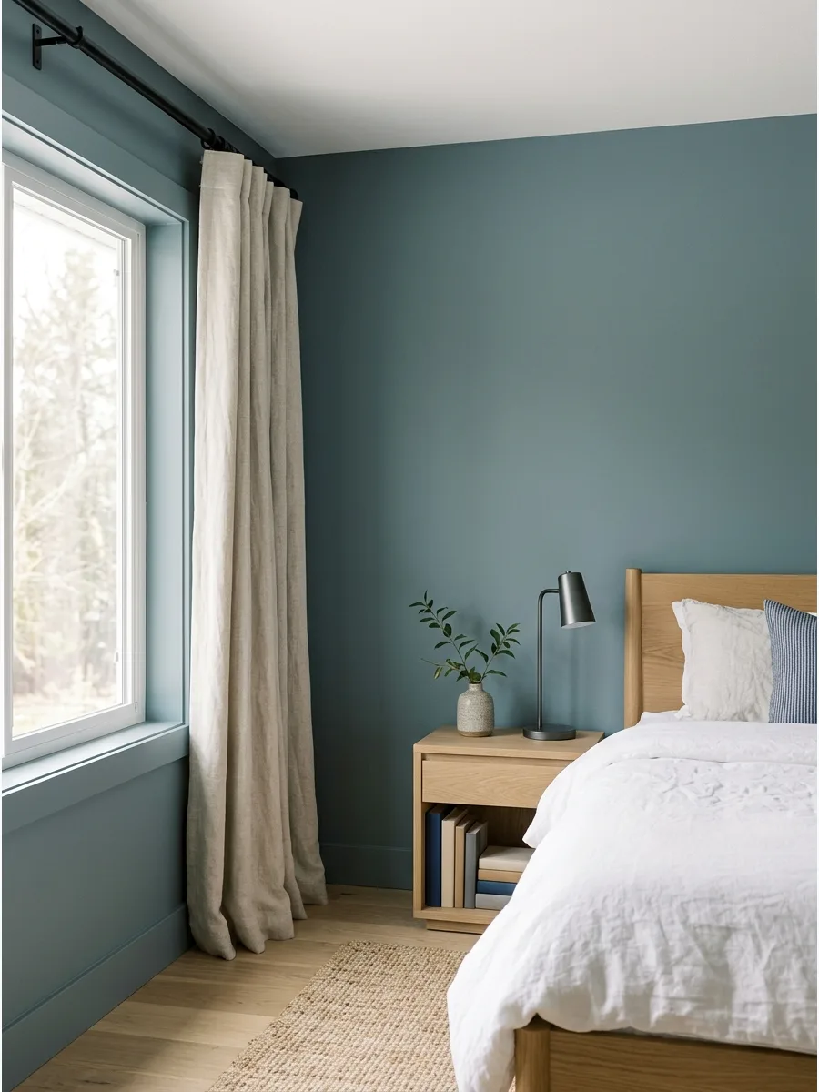 17. **Blue-Gray Bedroom Walls**