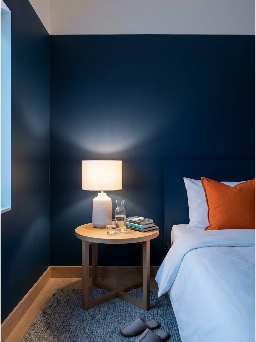 19. **Navy Blue Accent Wall**