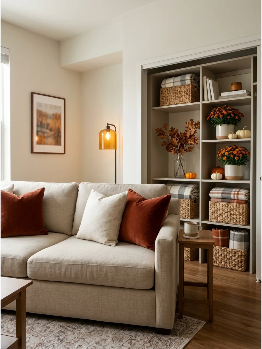 1. Layer Rust Pillows on a Neutral Sofa