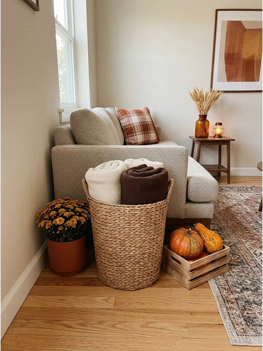12. Add a Basket of Folded Blankets