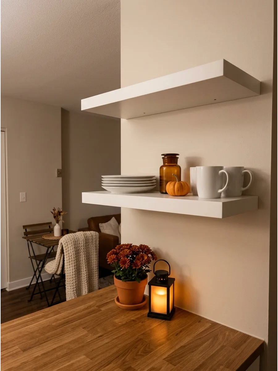 49. Add a Mini Fall Arrangement to Open Shelves