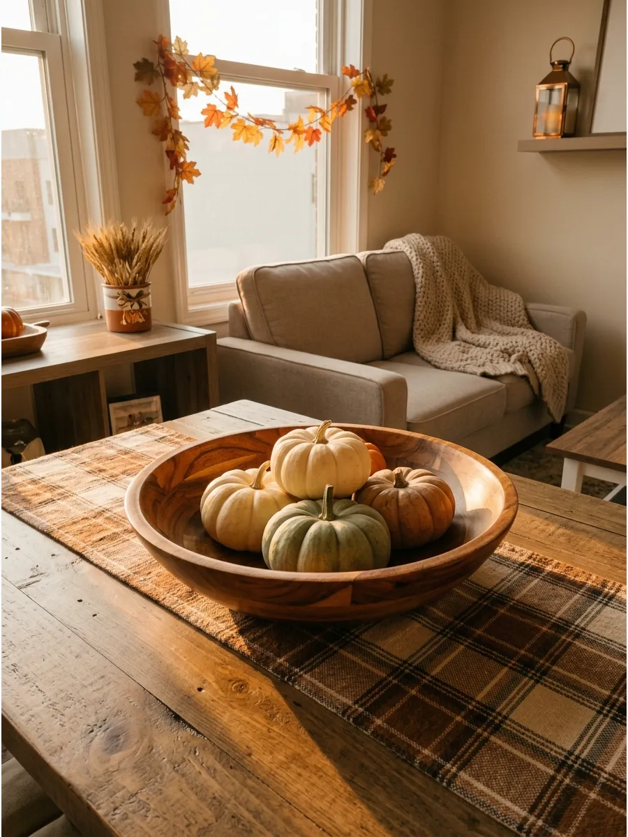 5. Fill a Wooden Bowl With Mini Pumpkins