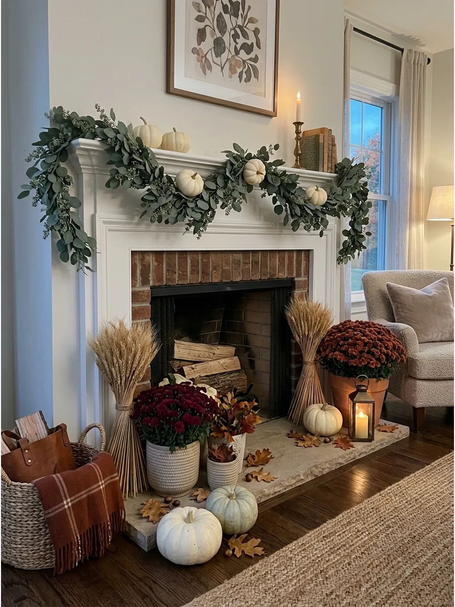 33. Greenery and White Pumpkin Mantel