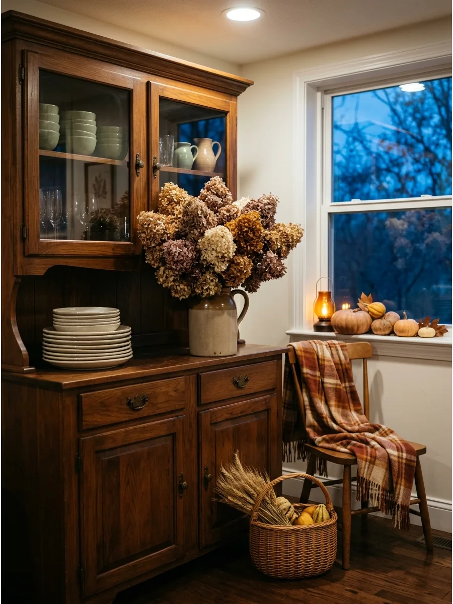 10. Dried Hydrangea Hutch Arrangement
