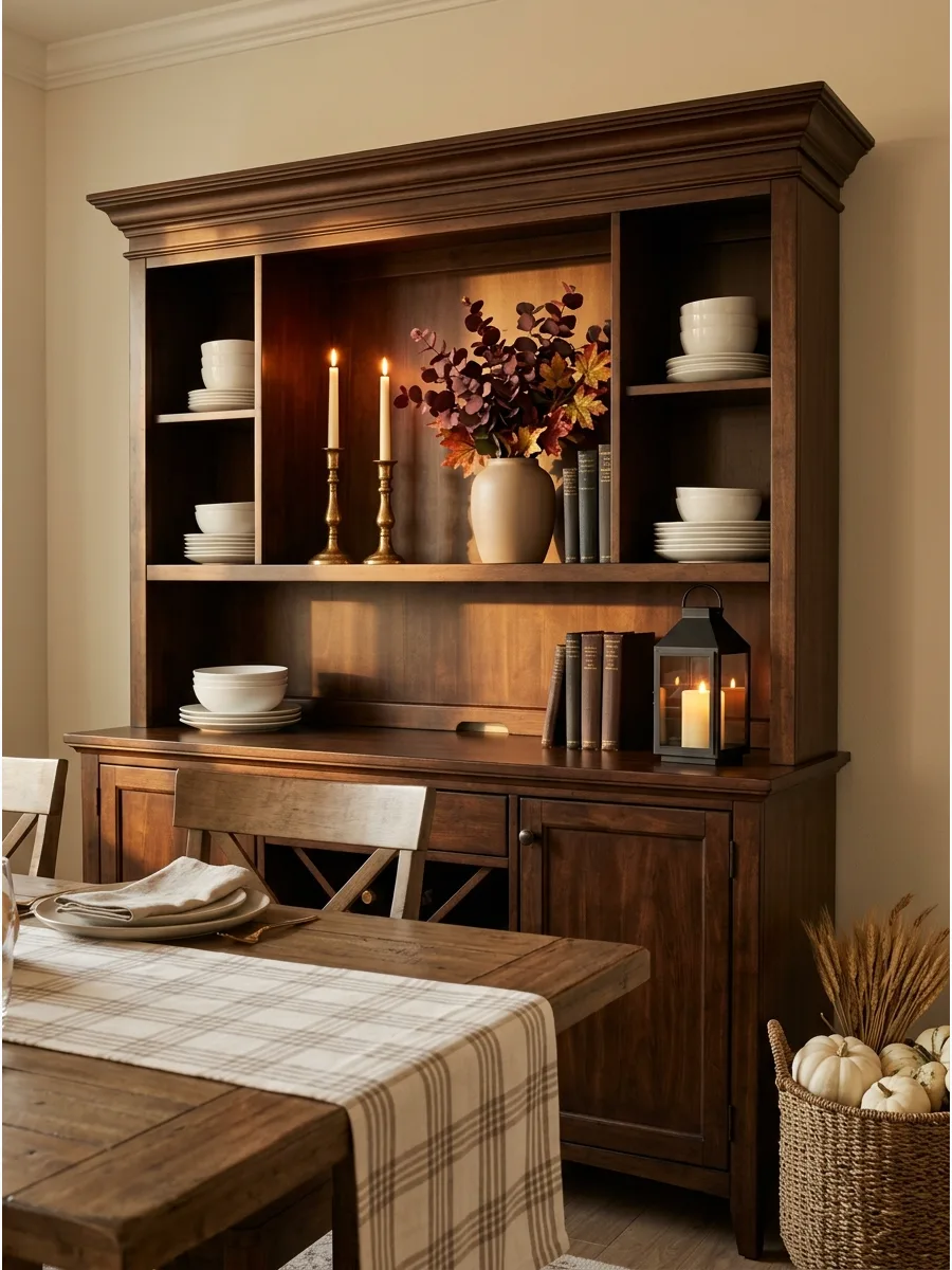 5. Burgundy and Brass Hutch Display