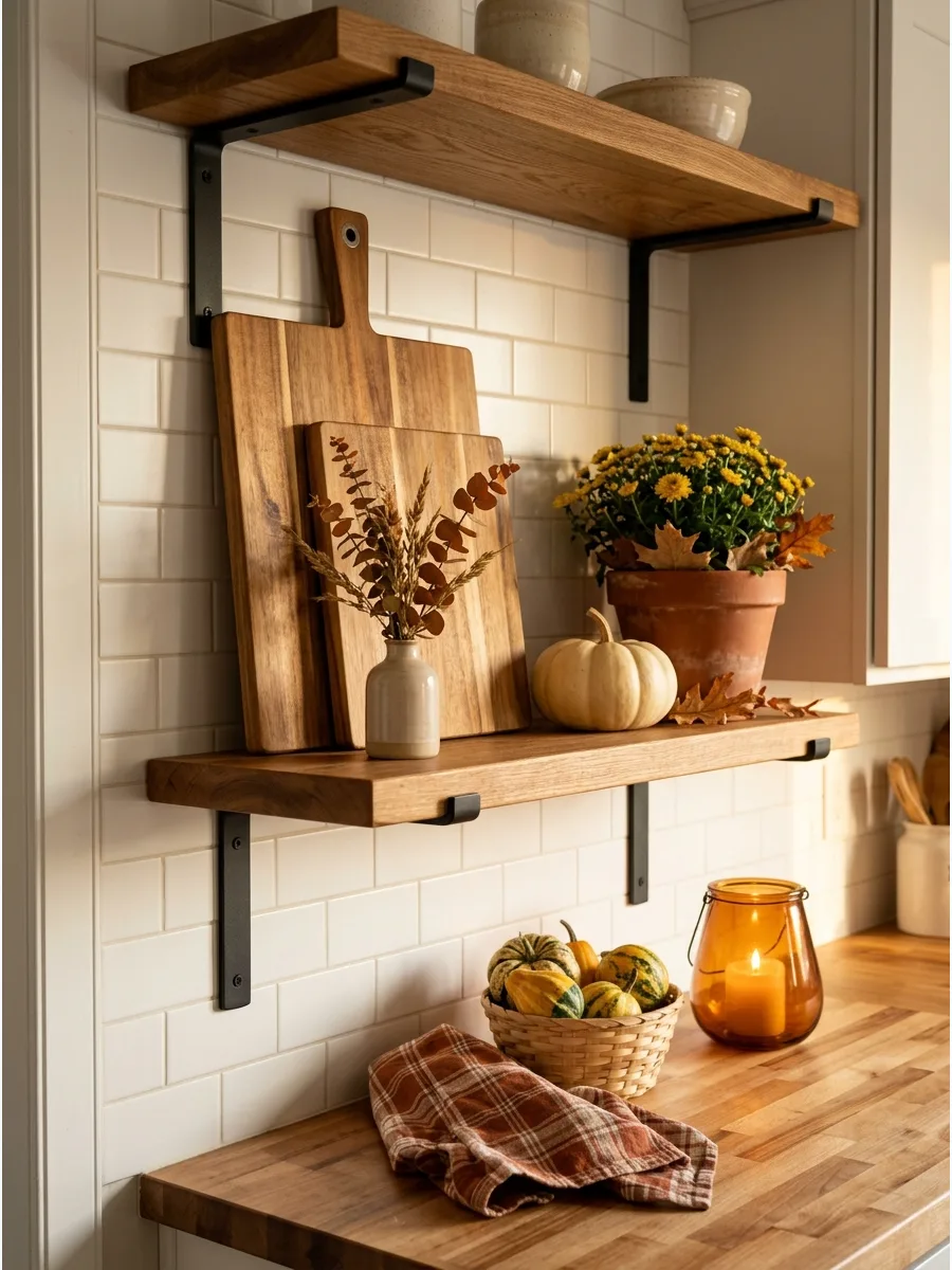 11. Layered Cutting Boards on Kitchen Shelves