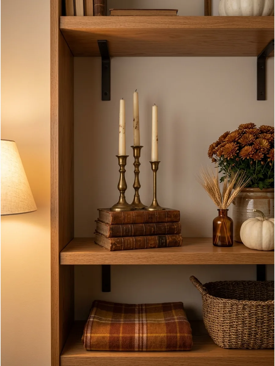 3. Vintage Books and Brass Candlesticks