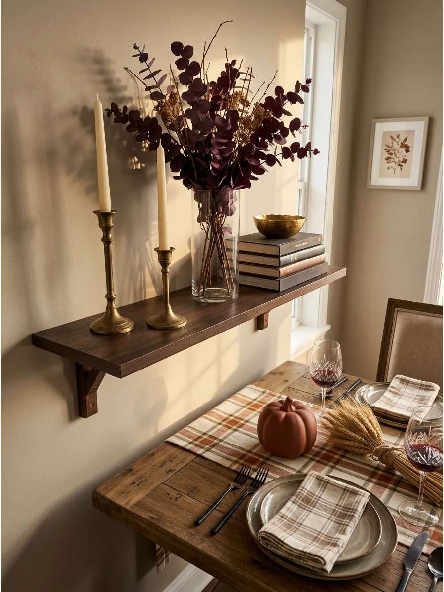 42. Plum and Brass Shelf Decor