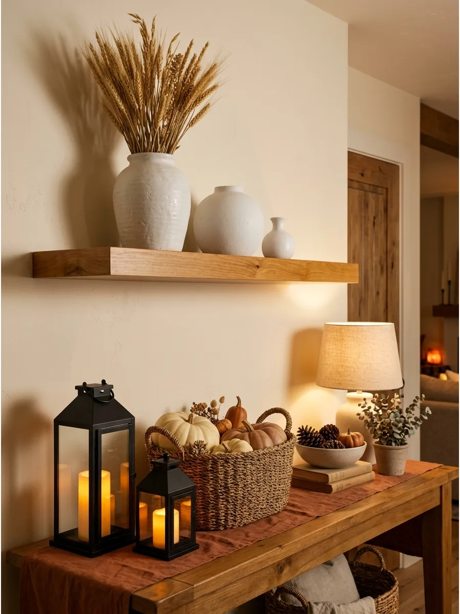 43. Warm White and Honey-Wood Shelves