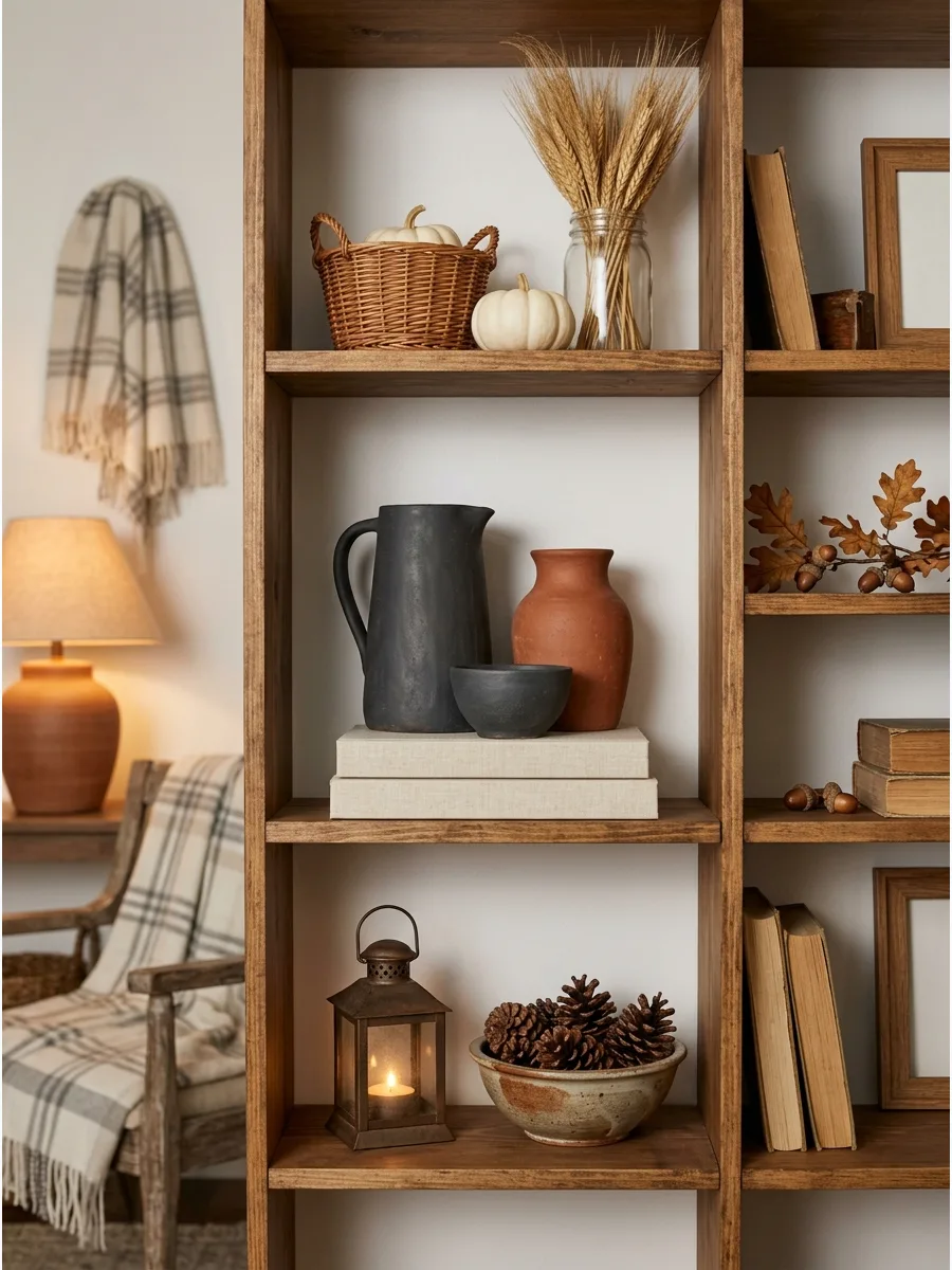 44. Earth-Toned Pottery Shelf Display