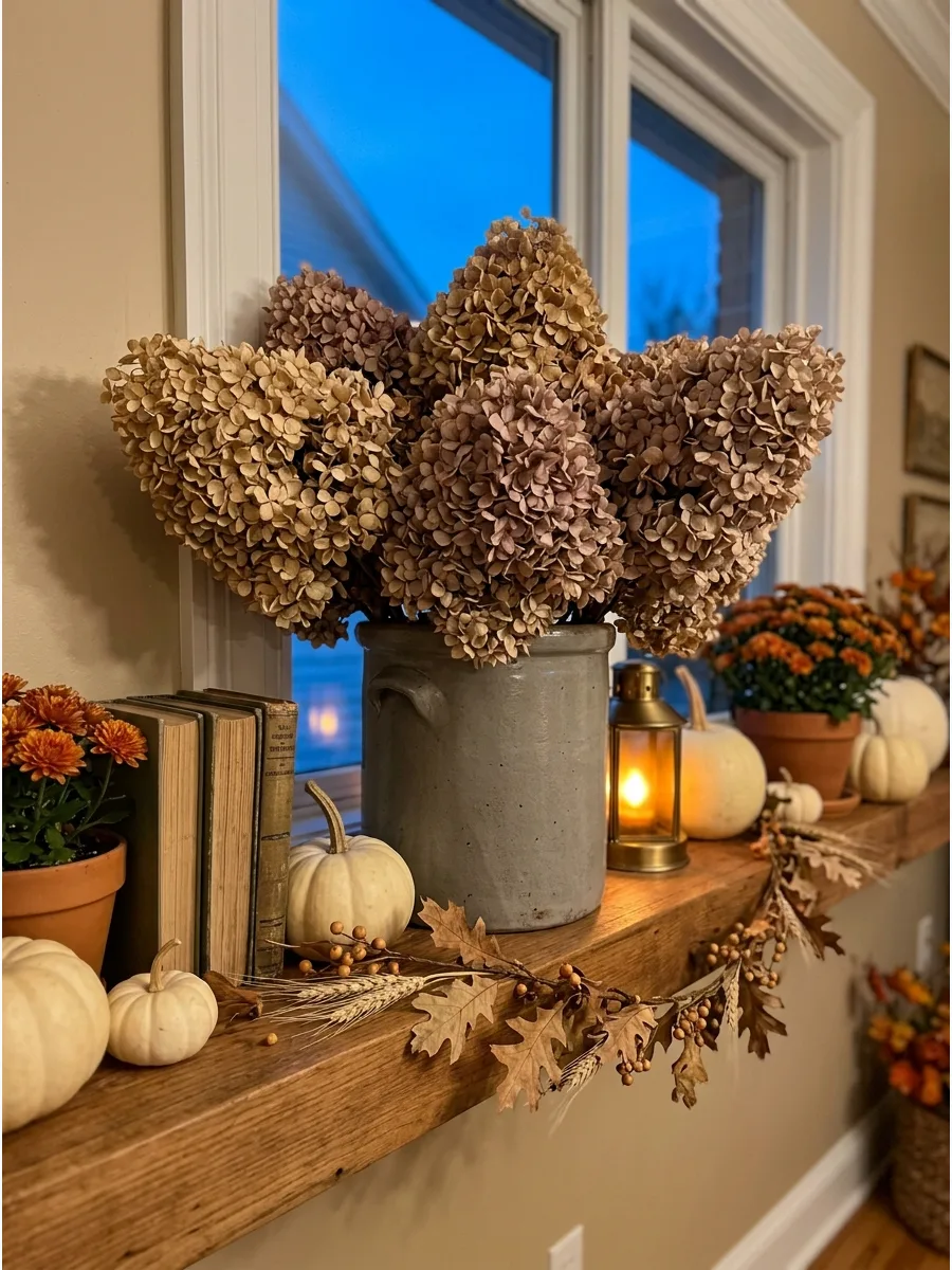 9. Dried Hydrangea Shelf Arrangement