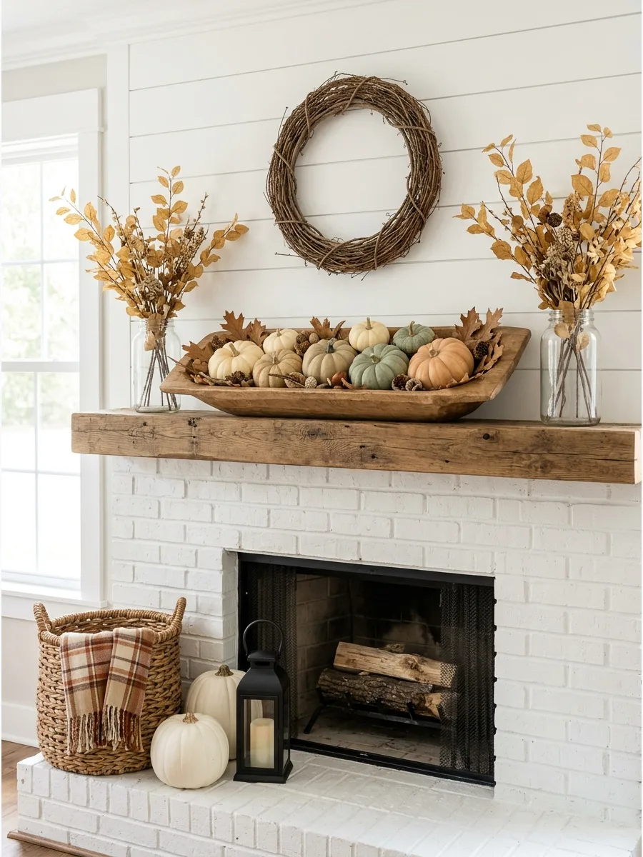 11. Wooden Dough Bowl of Pumpkins