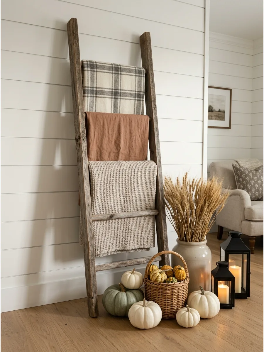 15. Rustic Ladder With Fall Textiles