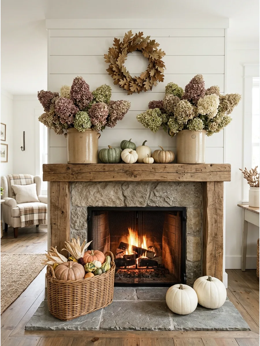 24. Dried Hydrangea Mantel