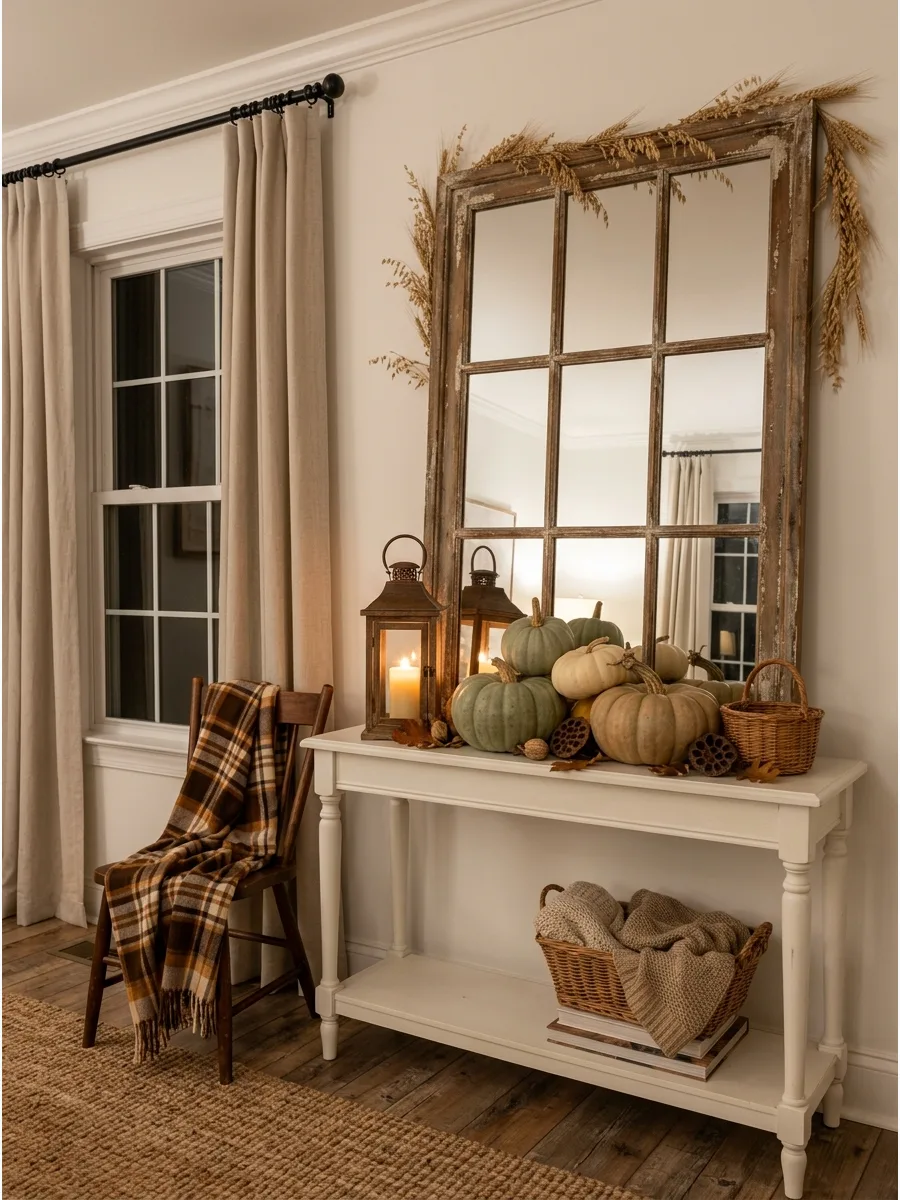 4. Rustic Mirror and Pumpkin Display
