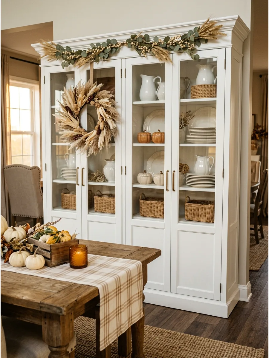 43. Farmhouse Hutch With Fall Dishes
