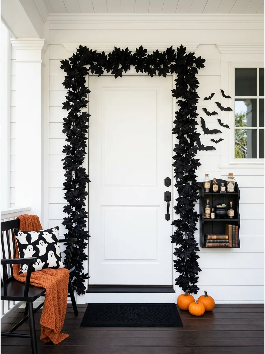 21. Frame the Door With a Black Leaf Garland