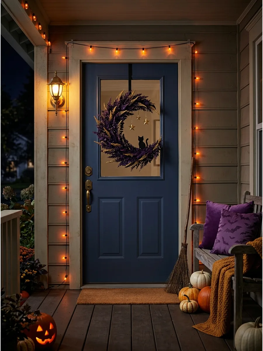 4. Hang a Crescent-Moon Halloween Wreath