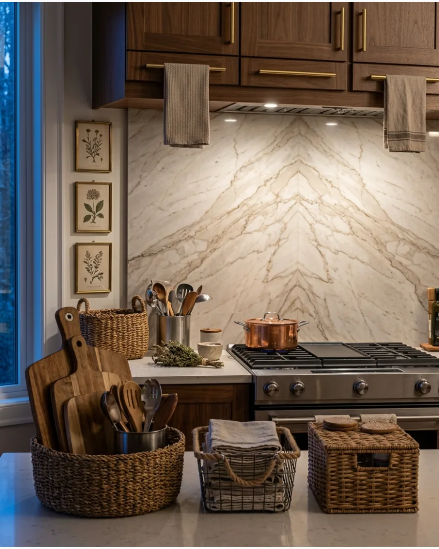 20. Bookmatched Stone Backsplash