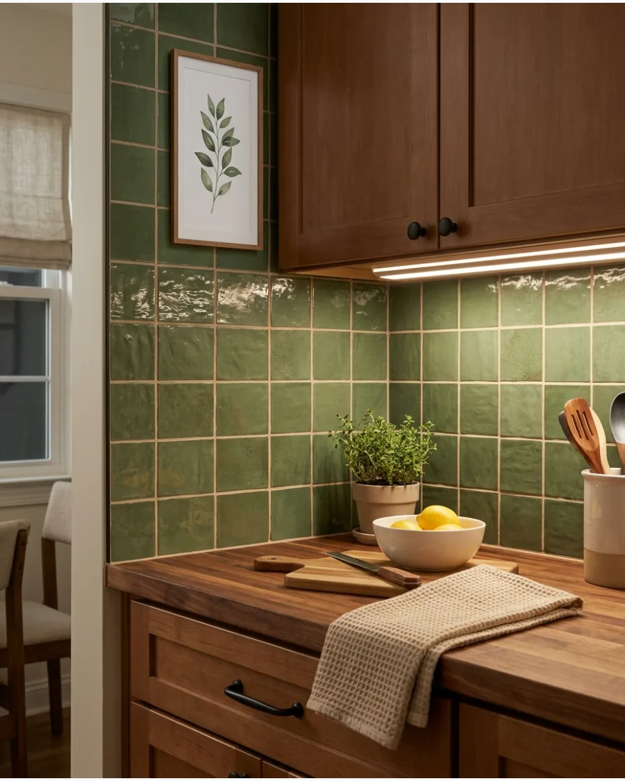 34. Moss Green Square Tile Backsplash